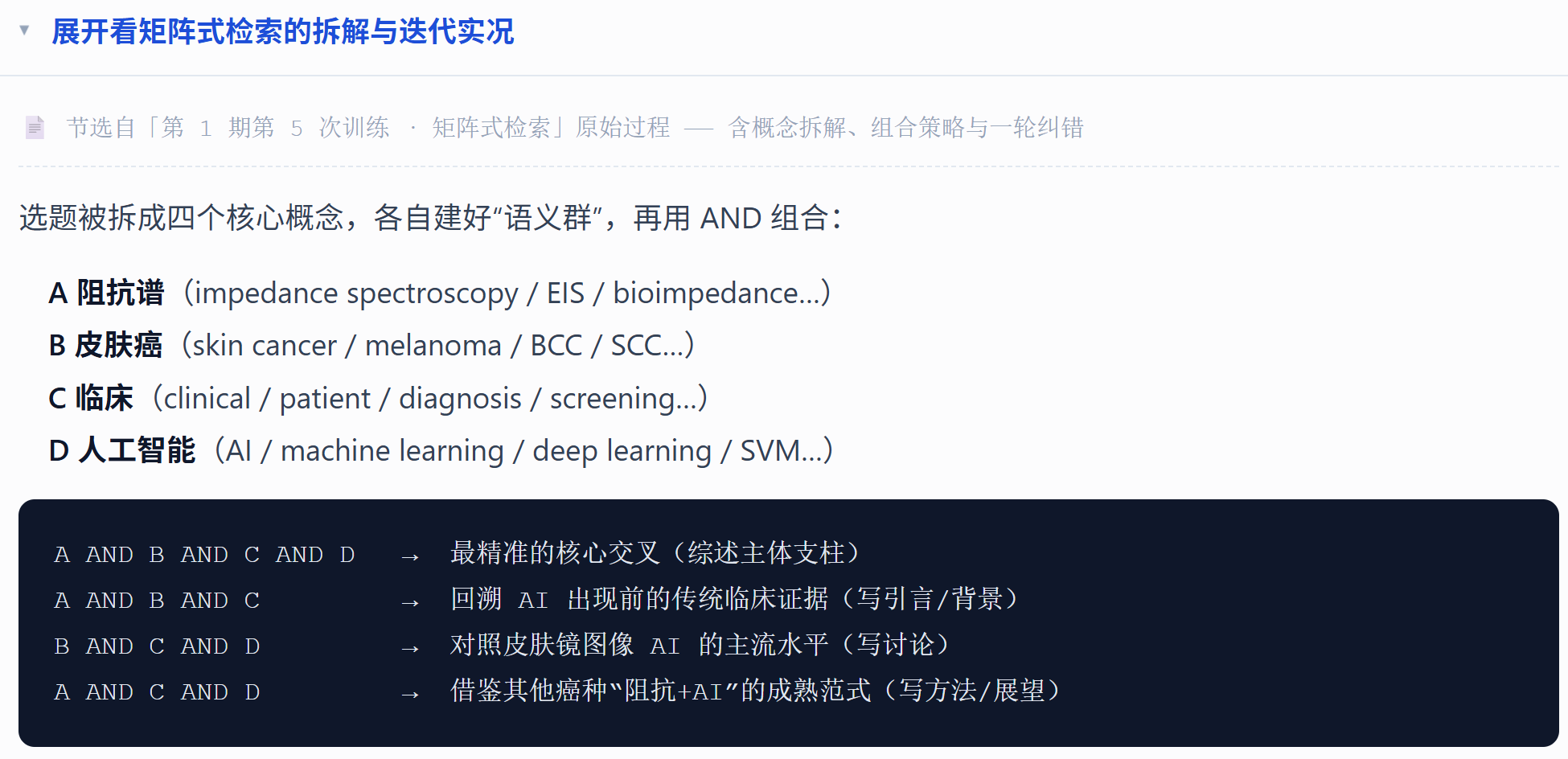 矩阵式检索把主题拆成多个核心概念。