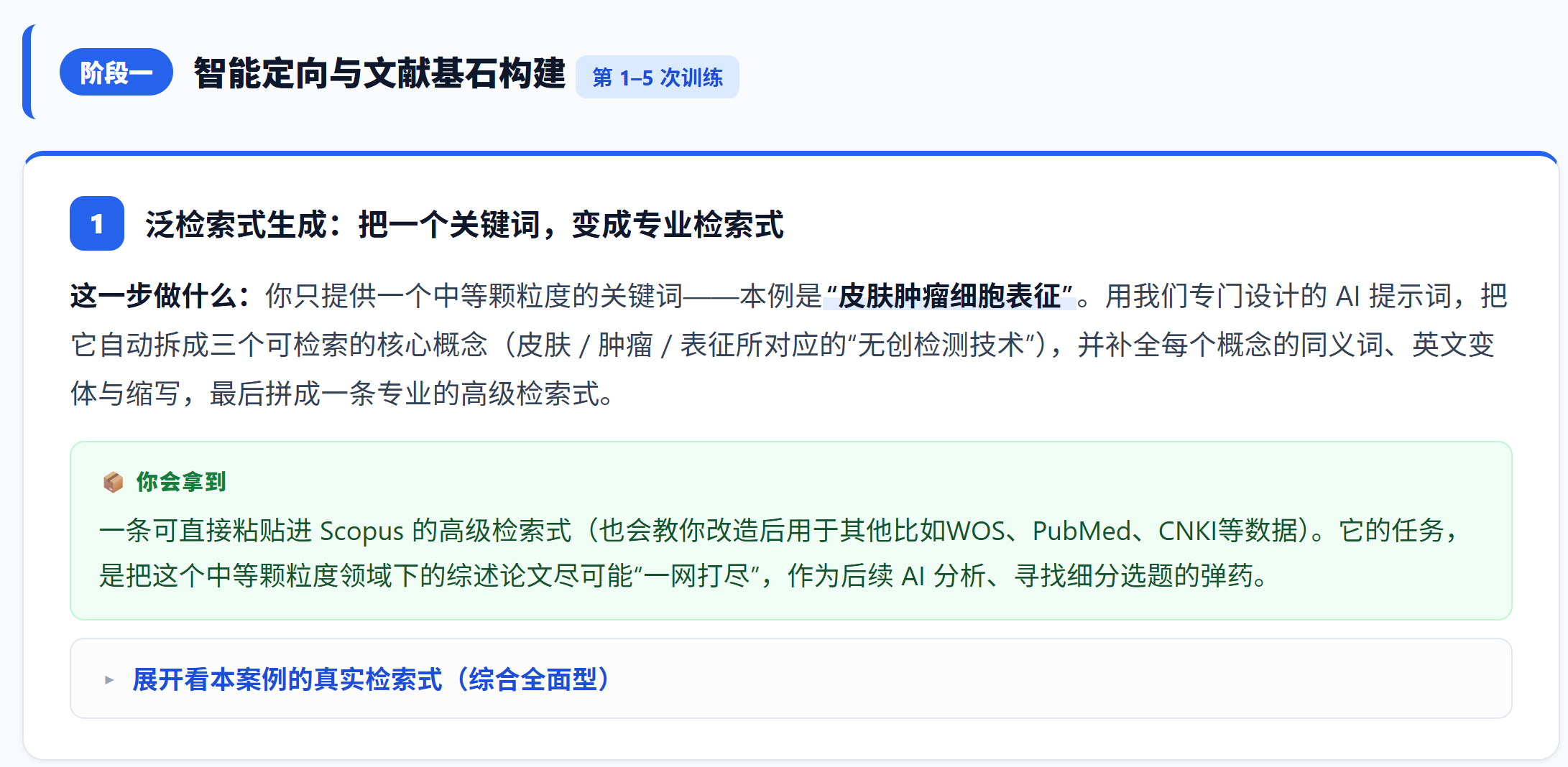 第一次训练把中文关键词转化为专业检索式，解决“怎么搜”的问题。